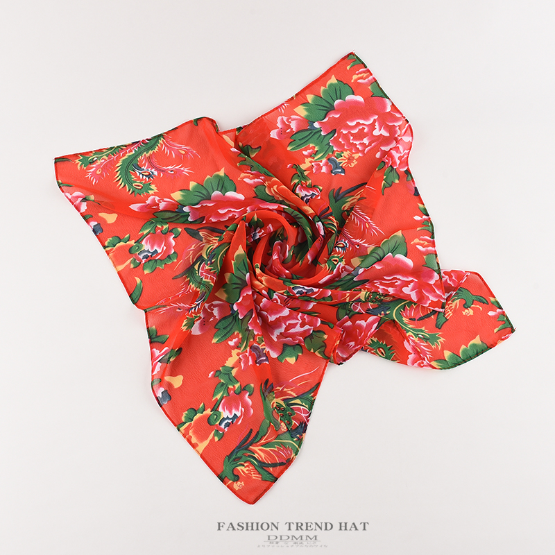 东北大花小方巾女夏季薄款雪纺头巾复古民族风团体丝巾头饰小围巾