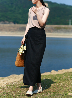 韵味~文艺简约高档黑色亚麻修身宽松显瘦订制裹裙女2024夏半身裙
