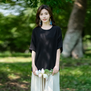 小众设计民族风黑色棉麻文艺上衣宽松大码 T恤 显瘦2024夏款 女短袖