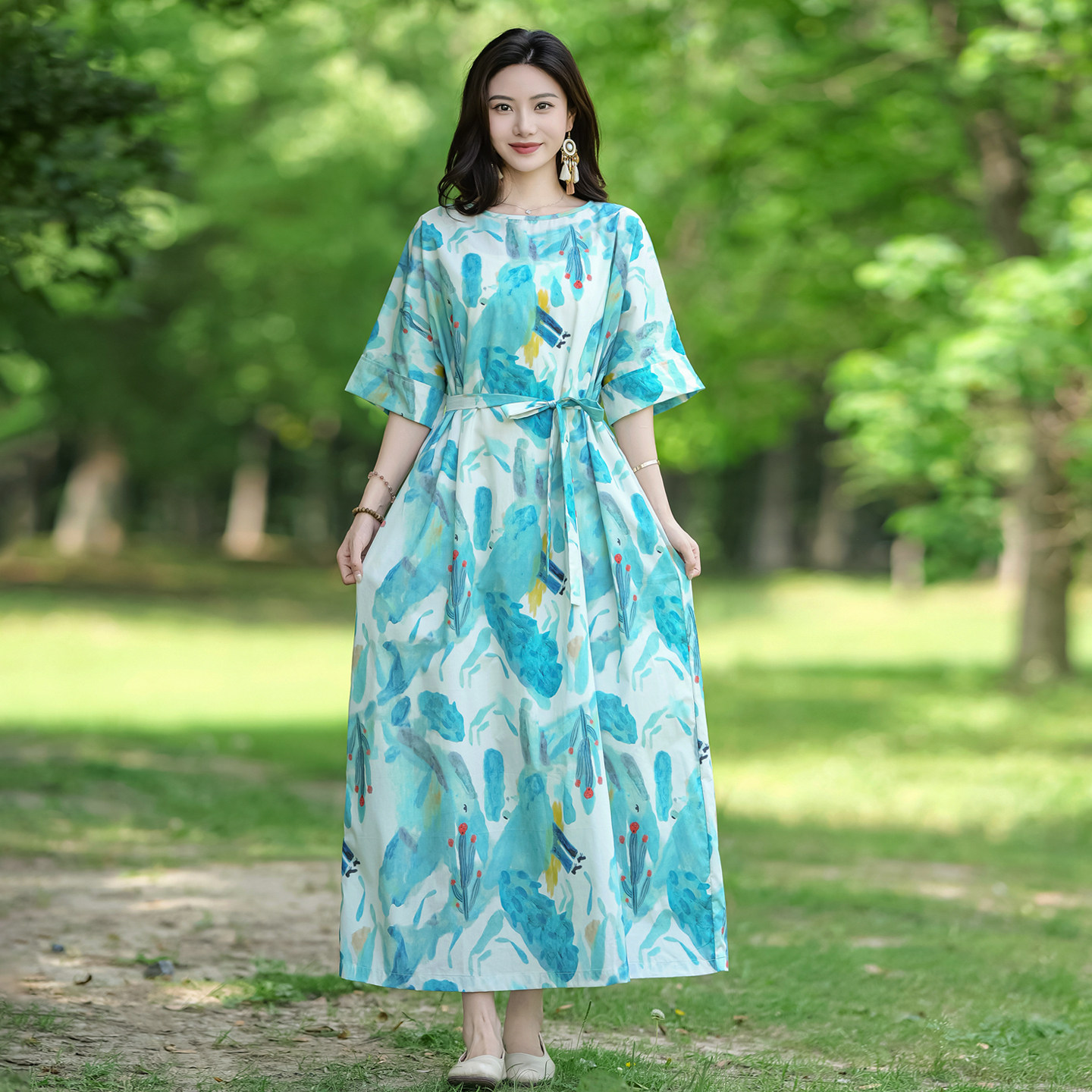 度假风纯棉印花袍子连衣裙夏款