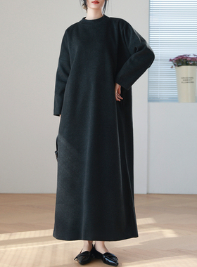 高级感订制黑灰色简约秋冬羊毛呢半高领袍子连衣裙原创设计女显瘦