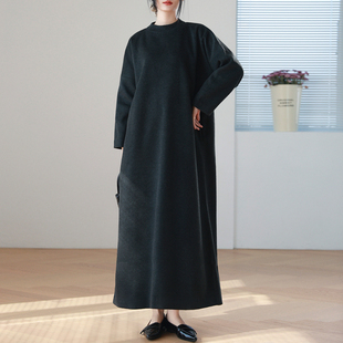 高级感订制黑灰色简约秋冬羊毛呢半高领袍子连衣裙原创设计女显瘦