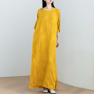 宽松显瘦禅意长裙 新中式 自制 重磅国风天丝提花袍子连衣裙原创夏