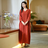 宽松大摆长裙2025秋款 Miss原创 文艺范亚麻提花袍子连衣裙长袖 女