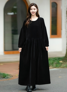 质感！原创文艺纯棉灯芯绒宽松黑色显瘦袍子连衣裙早秋款泡泡袖裙