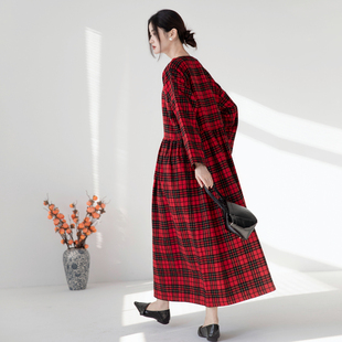 高级感圣诞新年红羊毛呢袍子连衣裙格子外套长裙独家原创设计秋冬