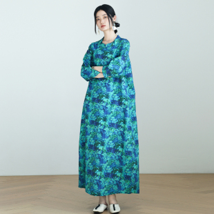 高支纯棉碎花袍子连衣裙原创设计夏文艺宽松印花显瘦大码 长裙女