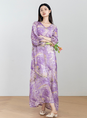 超好看气质高级紫色进口雪纺V领袍子连衣裙夏原创宽松显瘦旅行女