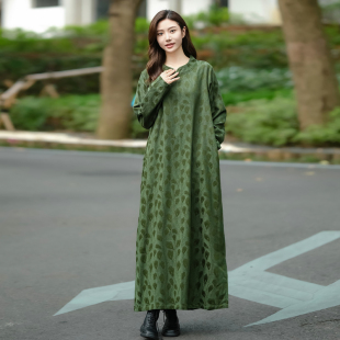 长裙 袍子连衣裙原创设计简约宽松大码 自制 立领亚麻提花2025秋款