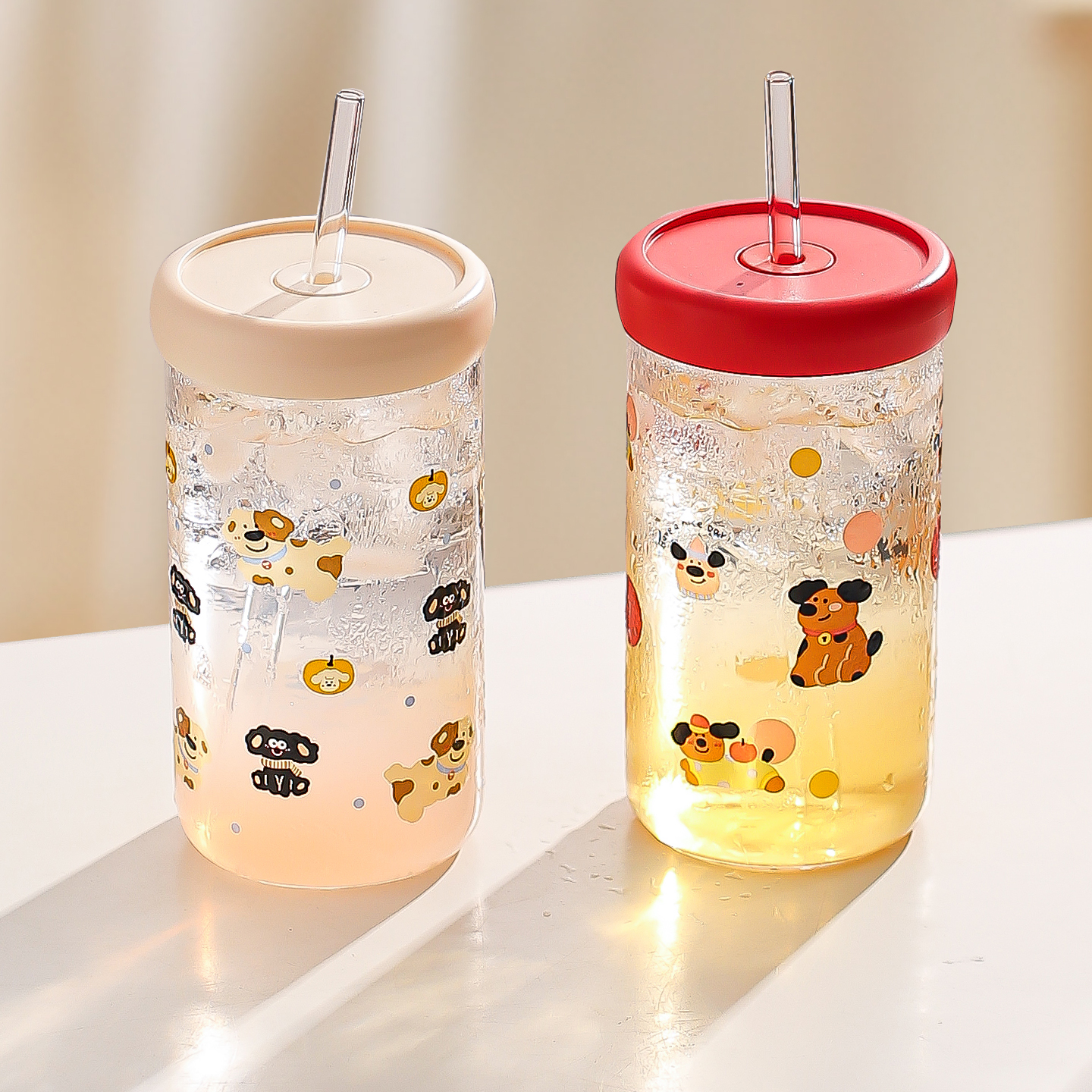 川岛屋高硼硅玻璃水杯子2025新款女高颜值可爱吸管杯果茶杯果汁杯