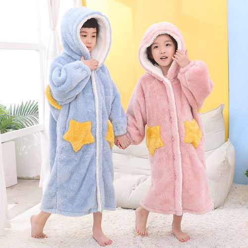 秋冬季男童珊瑚绒长款加厚睡袍