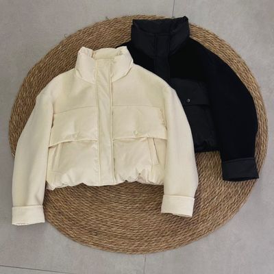 韩系立领轻薄短款羽绒服女2025冬季新款小个子毛呢拼接白鸭绒外套