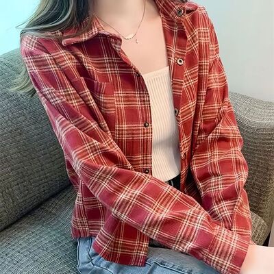 磨毛复古格子春装长袖显瘦衬衫女