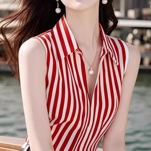 高级感红色条纹无袖 独特漂亮气质春装 衬衫 新款 衬衣 女2025春季 法式