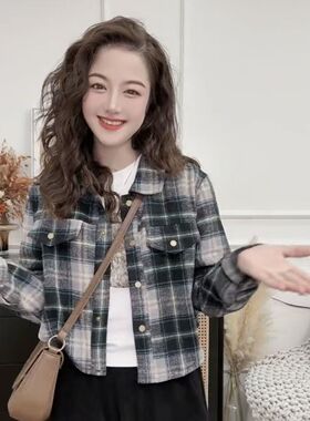 美式红色格子复古加厚磨毛衬衫女秋冬设计感宽松长袖上衣短款外套