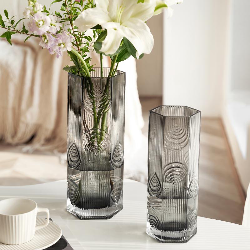 欧式ins风高颜值年轮纹理花瓶玻璃家居水养鲜花富贵竹插花器摆件