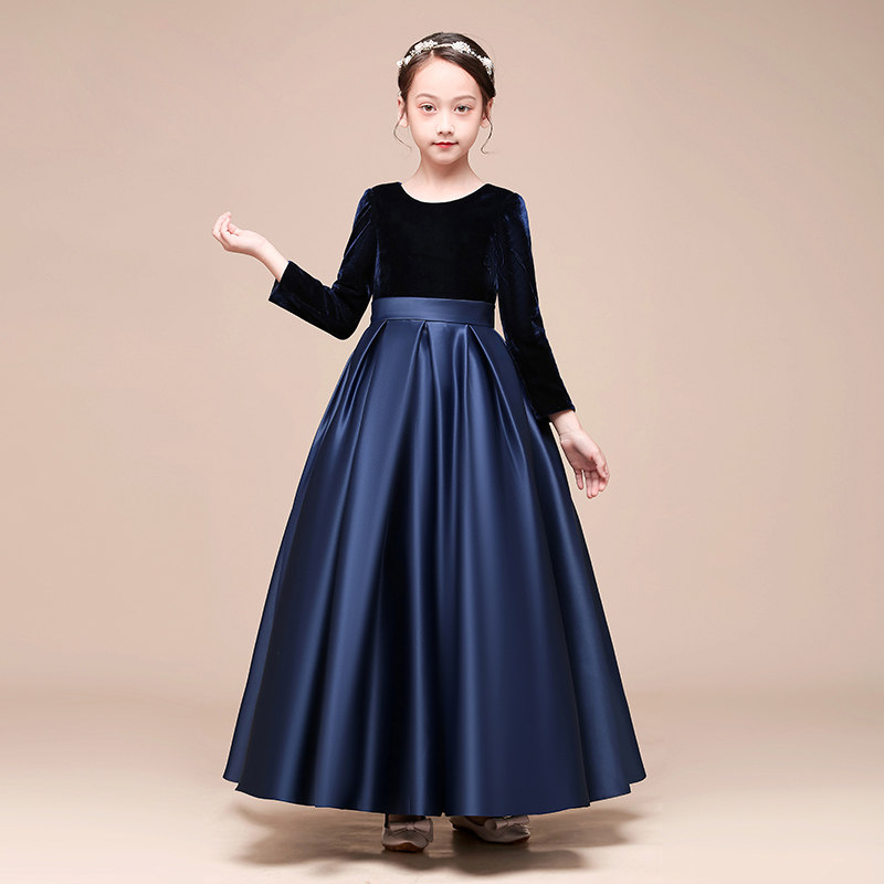 儿童藏青色长袖钢琴演出服少女红毯走秀拍摄指挥礼服乐团合唱团服