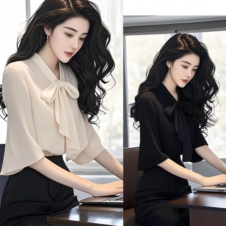 衬衫女蝴蝶结微喇袖雪纺小衫上衣