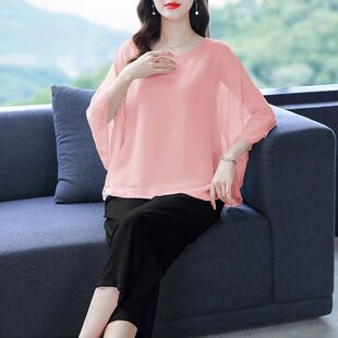 宽松雪纺上衣女2026新款圆领蝙蝠袖夏季女装短袖大码遮肚子小衫潮