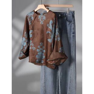 小衫薄款碎花打底上衣网红圆领印染常规款百搭斜襟民族国风侧拉链