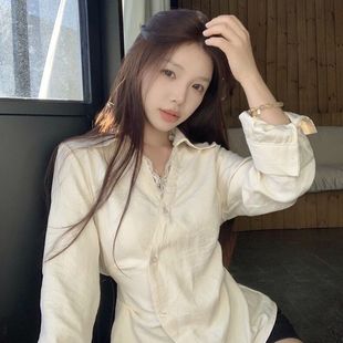 气质V领蕾丝拼接长袖 纯欲风绑带收腰设计感上衣ins 衬衫 女春秋新款