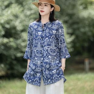 民族风高档大码 韩版 新款 2025春秋季 女 遮肉印花中长款 气质休闲衬衫