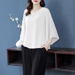 宽松雪纺上衣女2026新款圆领蝙蝠袖夏季女装短袖大码遮肚子小衫潮