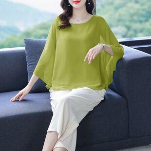 宽松雪纺上衣女2026新款圆领蝙蝠袖夏季女装短袖大码遮肚子小衫潮