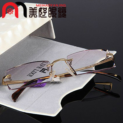 无框切边镶钻彩色近视眼镜