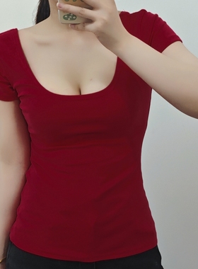 纯欲风心机U领低胸露锁骨纯色正肩T恤女紧身弹力百搭修身短袖上衣