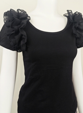 夏季女装新款雪纺木耳边T恤女短袖修身显瘦露背打底百搭95棉上衣