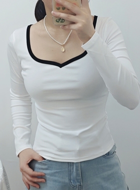 纯欲方领白色95棉打底衫女秋修身低领露锁骨短款长袖T恤紧身上衣