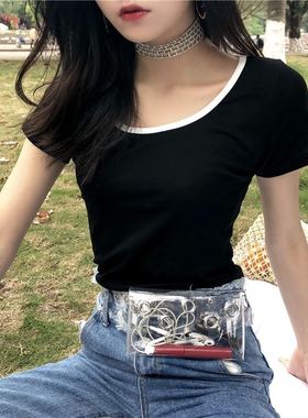 纯棉短袖t恤女春夏新款百搭修身显瘦撞色圆领打底衫紧身短款上衣