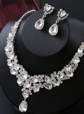 HTZS跨境新百搭晚礼服水晶宝石锁骨项链耳环首饰套装时尚婚纱饰品