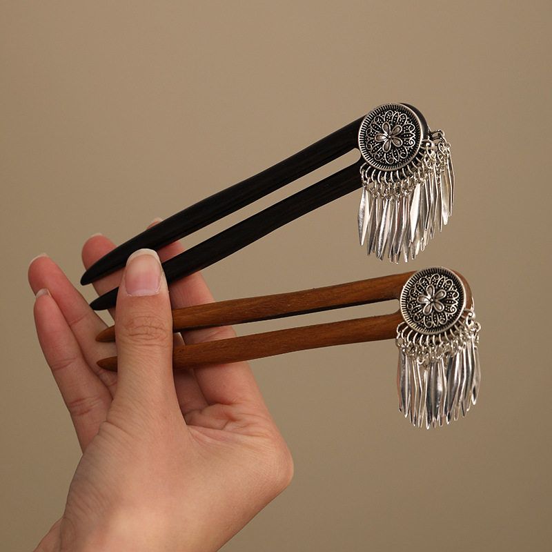 古风双面U型黑檀木发簪流苏步摇绿檀簪子头饰盘发汉服古装木发钗