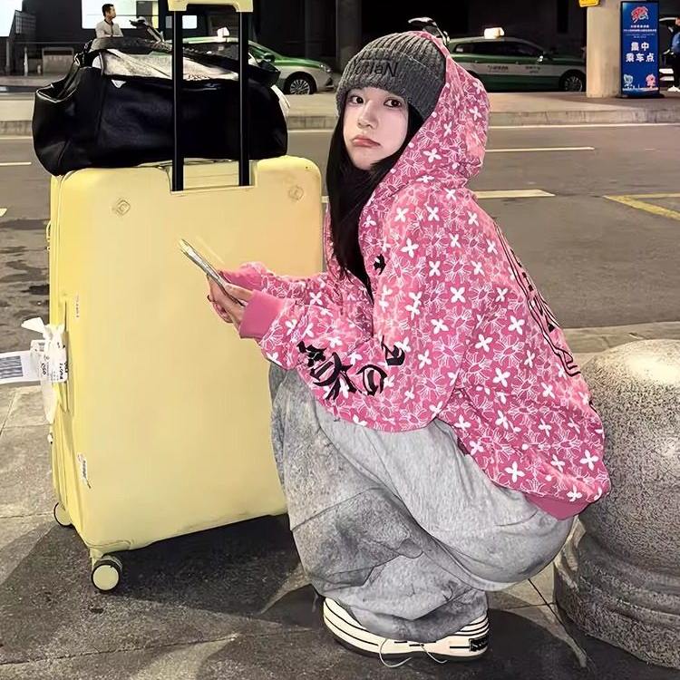 美式高街粉色开衫卫衣女新款超好看十字架满印秋冬加绒连帽外套潮,女装/女士精品,卫衣/绒衫,淘宝优惠券,粉丝福利购,淘宝优惠卷