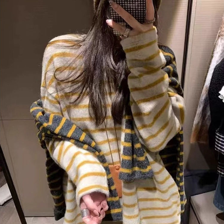 韩系慵懒风条纹毛绒针织衫T恤女秋冬中长款宽松打底衫内搭厚上衣,女装/女士精品,毛针织衫,淘宝优惠券,粉丝福利购,淘宝优惠卷