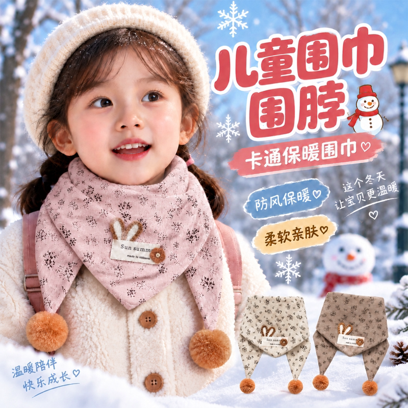 儿童围巾2026新款秋冬防风保暖三角巾男女童宝宝可爱小兔围脖披肩