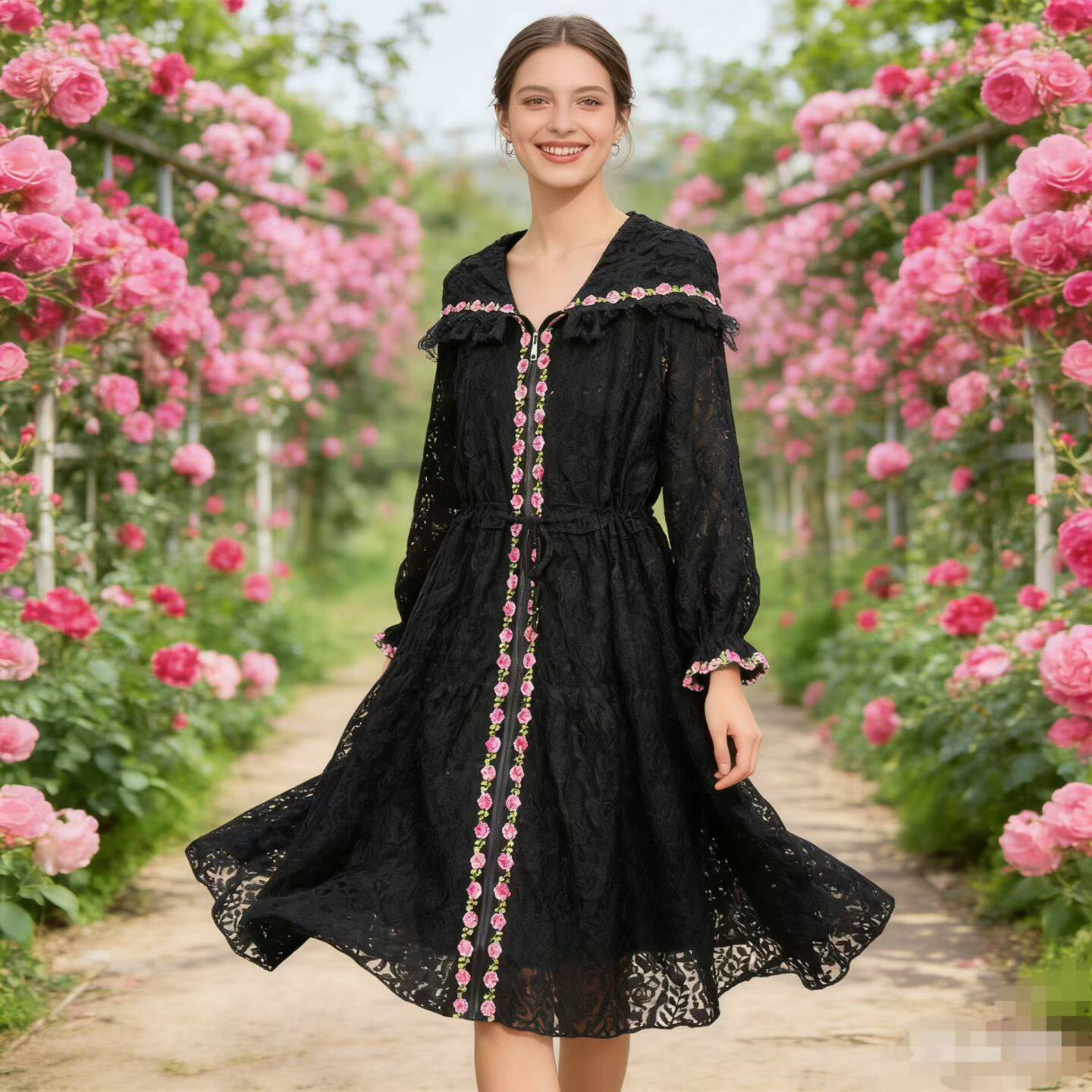 2026春季新款女温柔风中长款蕾丝高级感镂空背心连衣裙时尚两件套