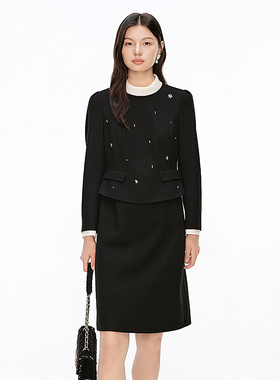 珂莱商场同款26春新款圆领手工钉钻假两件羊毛呢连衣裙 KF12943W0