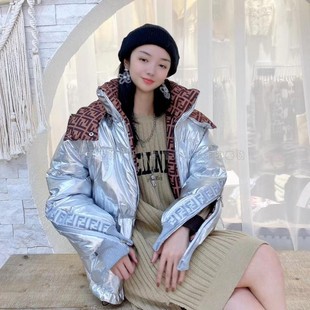 刺绣短款两面穿银色字母面包羽绒服连帽棉衣棉服短款宽松外套女