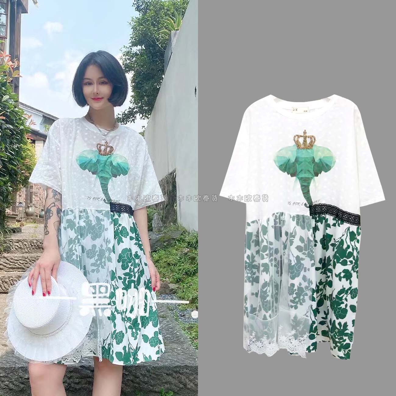 短袖宽松连衣裙女白色娃娃衫钩花镂空刺绣钉珠蕾丝拼接碎花短裙女