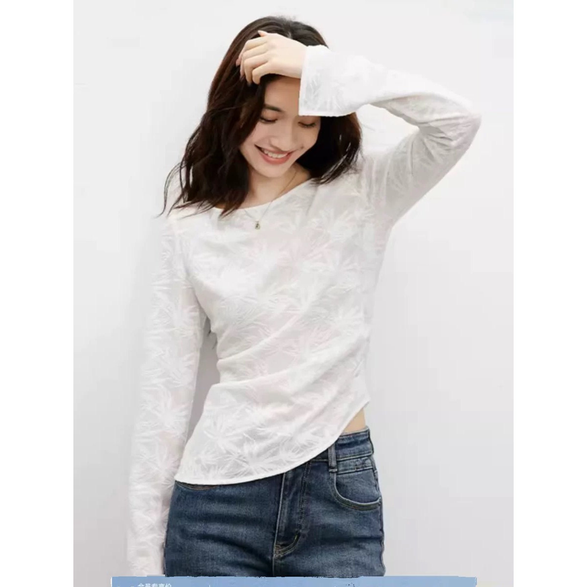 商场同款2025竹叶提花不对称T恤