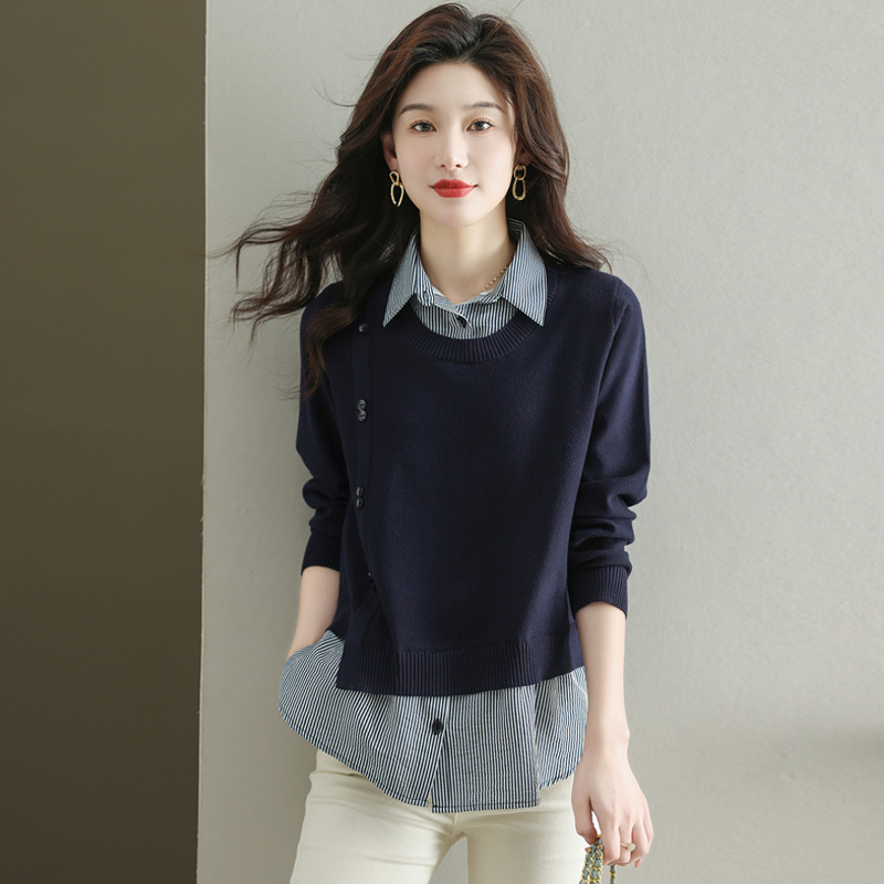 商场同款2025时尚假两件针织毛衣