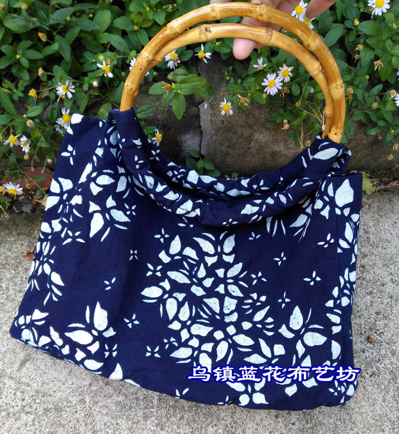 手工自制蜡染布包单肩手提竹环包复古小众原创民族风名媛女包布袋