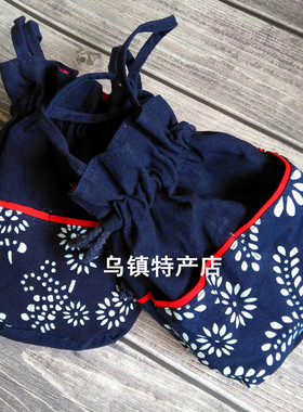 乌镇特产蓝印花布抽绳零钱包