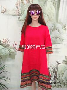 乌镇棉麻女装七分袖连衣裙民族风宽松大码显瘦过膝中长款连衣裙女