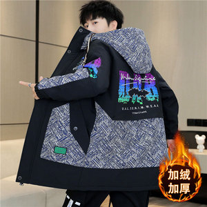 冬季中长款棉衣外套13岁男孩初高中学生15加绒加厚16大童派克棉服