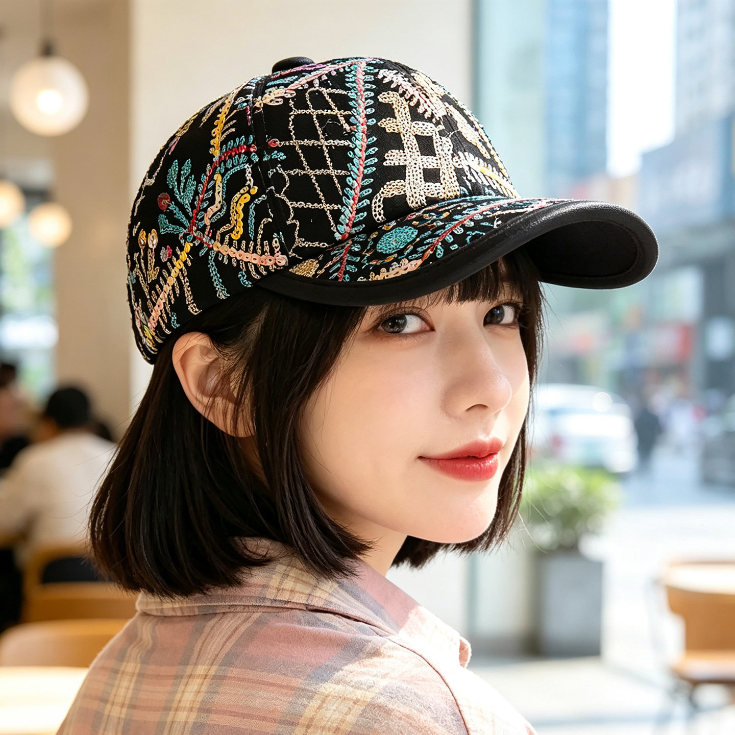 重工珠片刺绣女士羊皮棒球帽