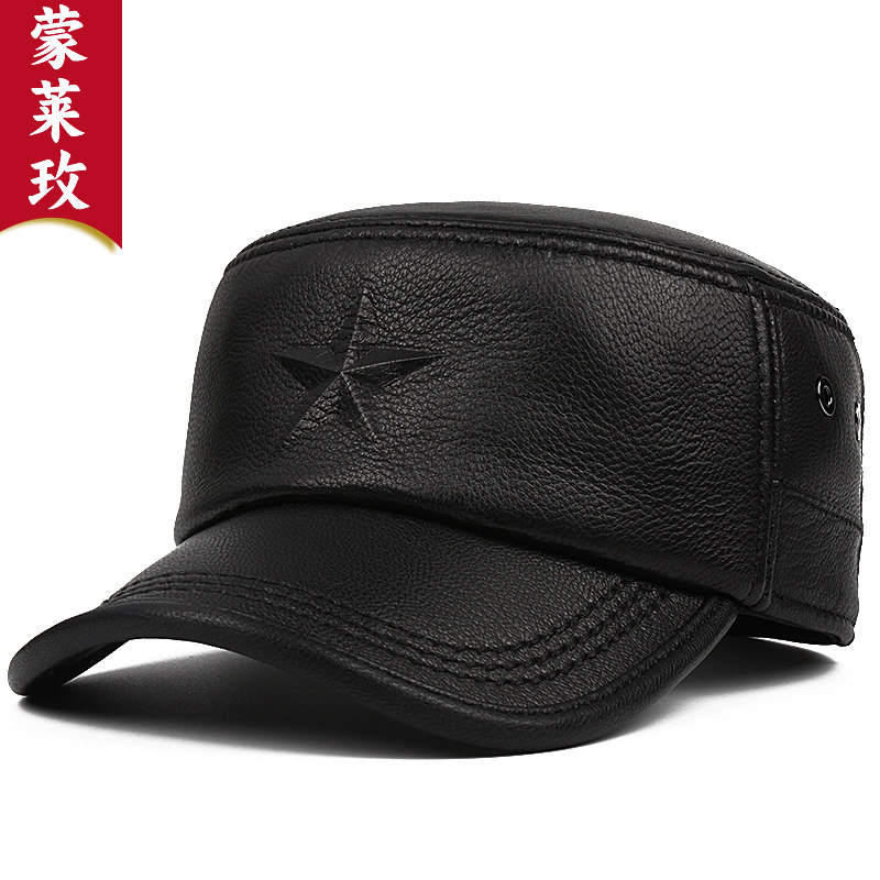 机车款头层羊皮男士平顶帽